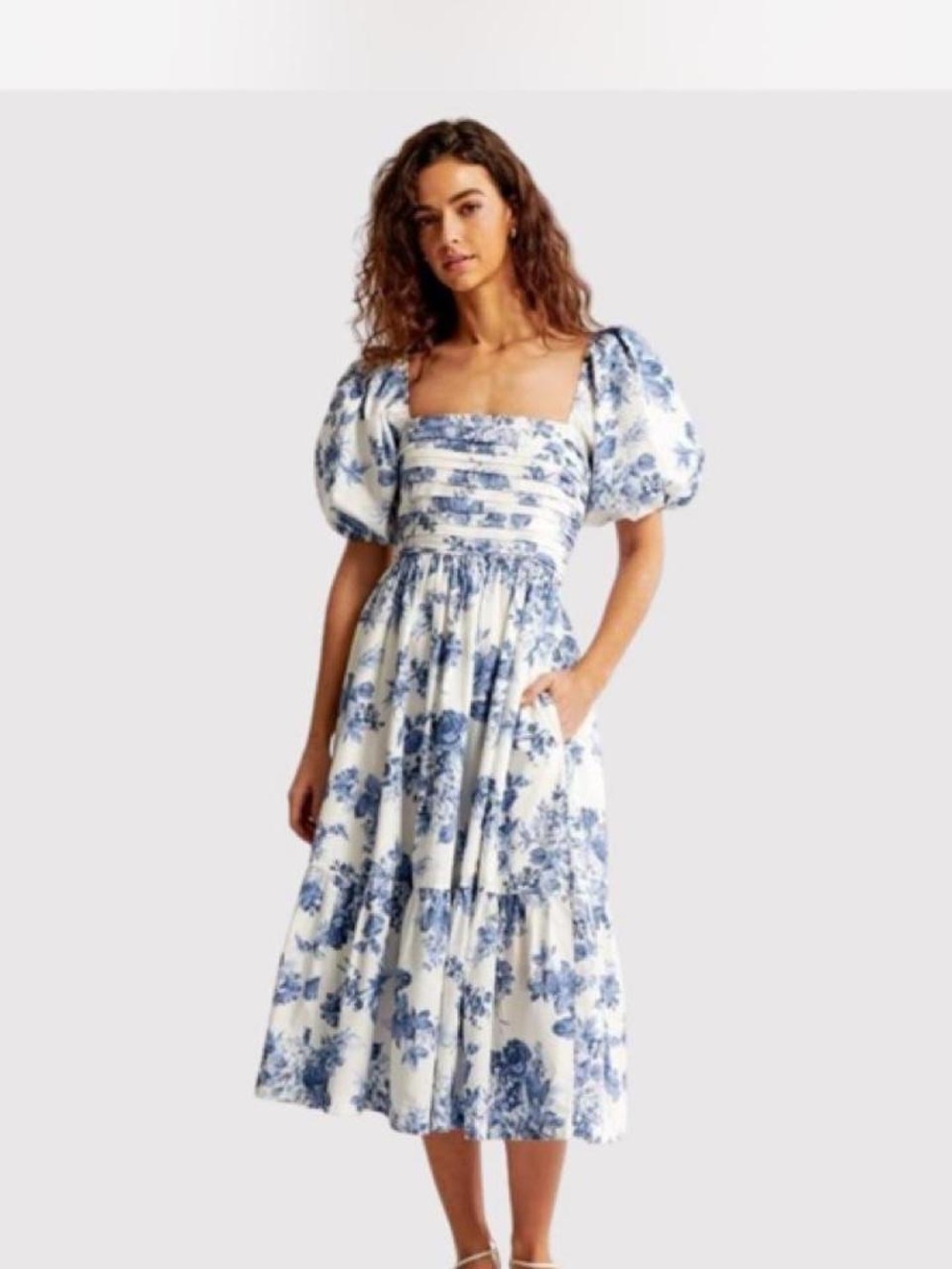 Abercrombie & Fitch Blue Floral Puff-Sleeve Midi Dress